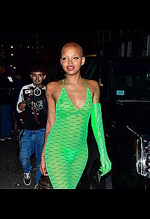 Slick Woods braless in lime green see through one-piece following Rihanna’s Fenty after party in New York Slick Woods braless in lime green see through one-piece following Rihanna’s Fenty after party in New York