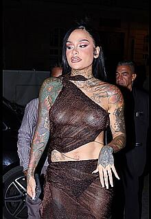Kehlani braless in see trough dress at the Balenciaga - July 09, 2025