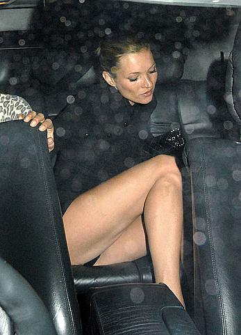 Kate Moss upskirt, shows her pants in a cab