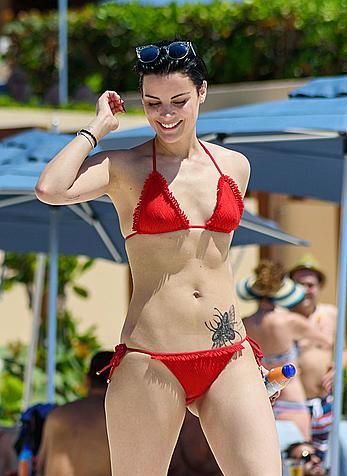 Jaimie Alexander in red bikini at the pool in Cancun