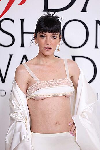 Lily Allen underboob and areola slip at 2025 CFDA Awards at The American Museum of Natural History