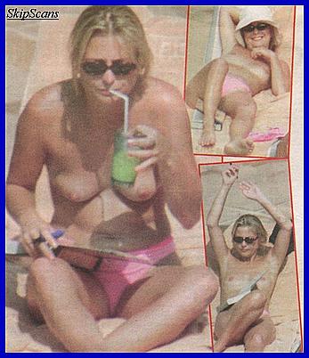 British television and radio presenter Philippa Forrester topless on a beach paparazzi photos