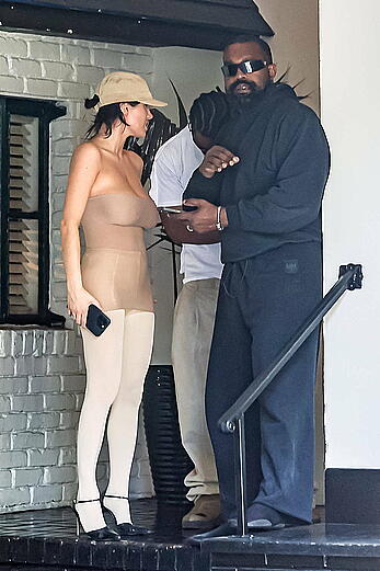 Bianca Censori seen wearing a sheer top and stockings while stopping for lunch at Chateau Marmont in Los Angeles