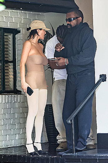 Bianca Censori seen wearing a sheer top and stockings while stopping for lunch at Chateau Marmont in Los Angeles