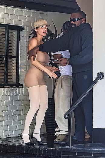 Bianca Censori seen wearing a sheer top and stockings while stopping for lunch at Chateau Marmont in Los Angeles
