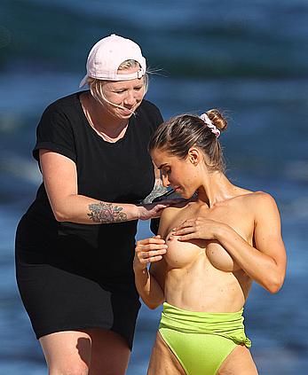 Claudia Jovanovski topless for a photoshoot on a beach in Sydney