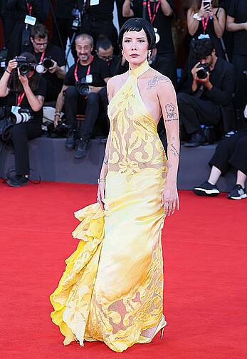 Halsey braless in yellow see through dress at The Smashing Machine red carpet in Venice