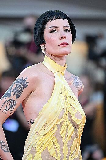 Halsey braless in yellow see through dress at The Smashing Machine red carpet in Venice