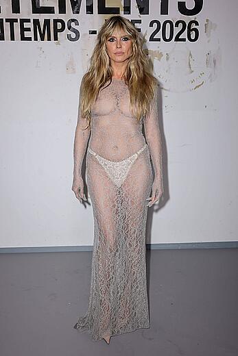 Heidi Klum braless in a sheer dress at Vetements Womenswear Spring∕Summer 2026 show in Paris