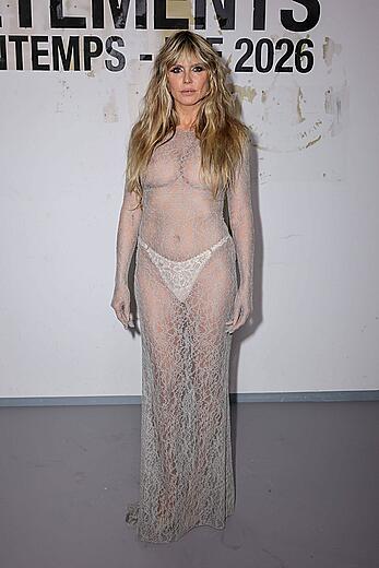 Heidi Klum braless in a sheer dress at Vetements Womenswear Spring∕Summer 2026 show in Paris
