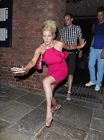 Helen Flanagan pink dress falling over leaving gusto restaurant
