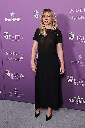 Imogen Poots braless in see through top at BAFTA Tea party in LA - January 10, 2026