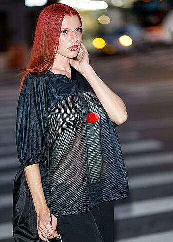 Julia Fox braless in see through top at Willy Chavarria Fall 2023 Ready To Wear Fashion Show