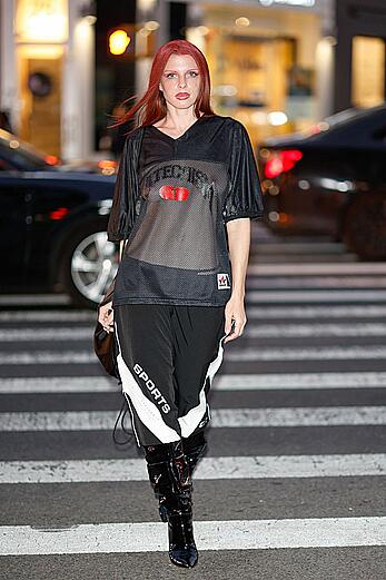 Julia Fox braless in see through top at Willy Chavarria Fall 2023 Ready To Wear Fashion Show