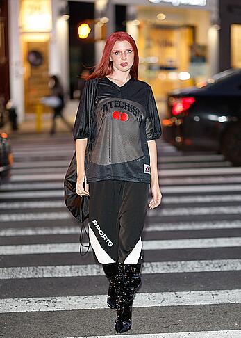 Julia Fox braless in see through top at Willy Chavarria Fall 2023 Ready To Wear Fashion Show