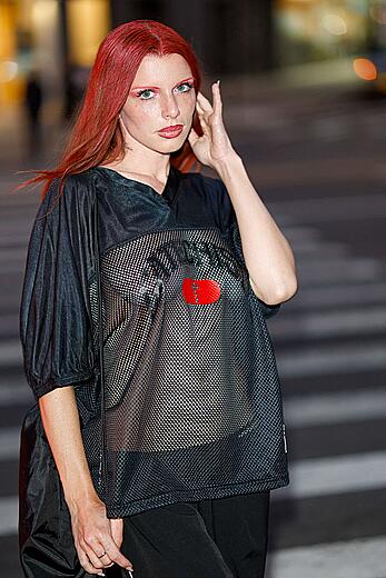 Julia Fox braless in see through top at Willy Chavarria Fall 2023 Ready To Wear Fashion Show