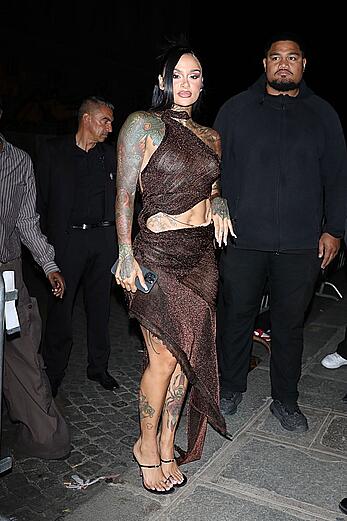 Kehlani braless in see trough dress at the Balenciaga - July 09, 2025