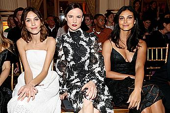 Morena Baccarin cleavage in black dress at Christian Siriano show in New York