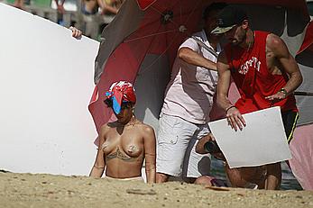 Rihanna topless with pasties during photoshoot in Brasil