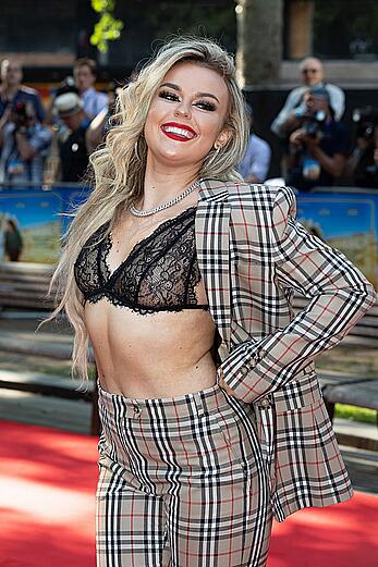 Tallia Storm in sheer bra attends the Off The Rails World premiere at Odeon Luxe Leicester Square in London